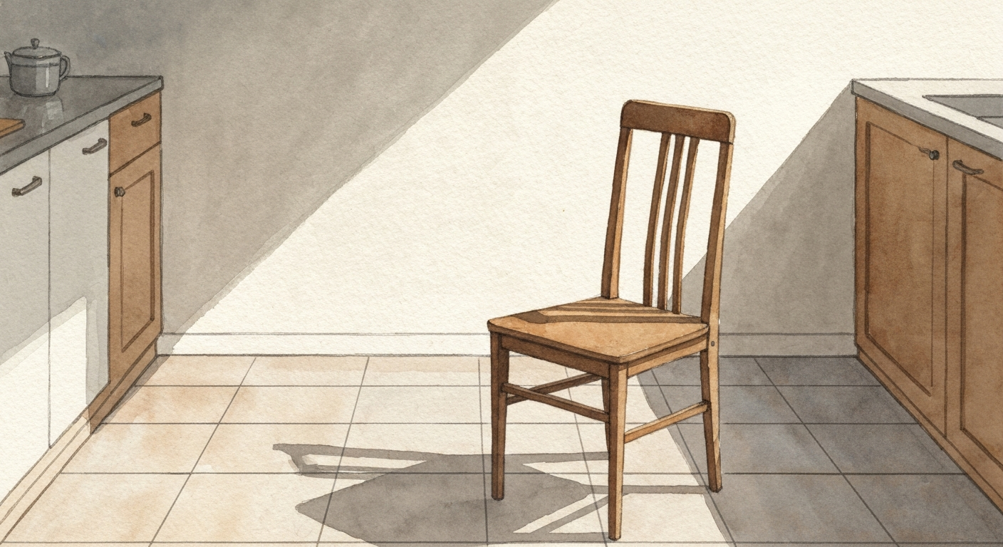 Eine Hand auf einer Rückenlehne in einer leeren Küche, warmes Licht