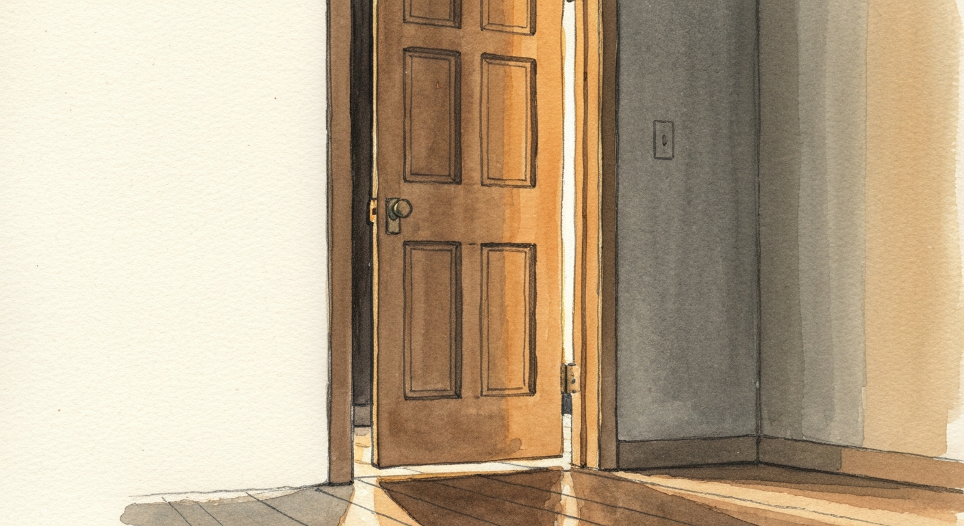 Eine Holztür mit einer Hand an der Klinke, dahinter warmes Licht