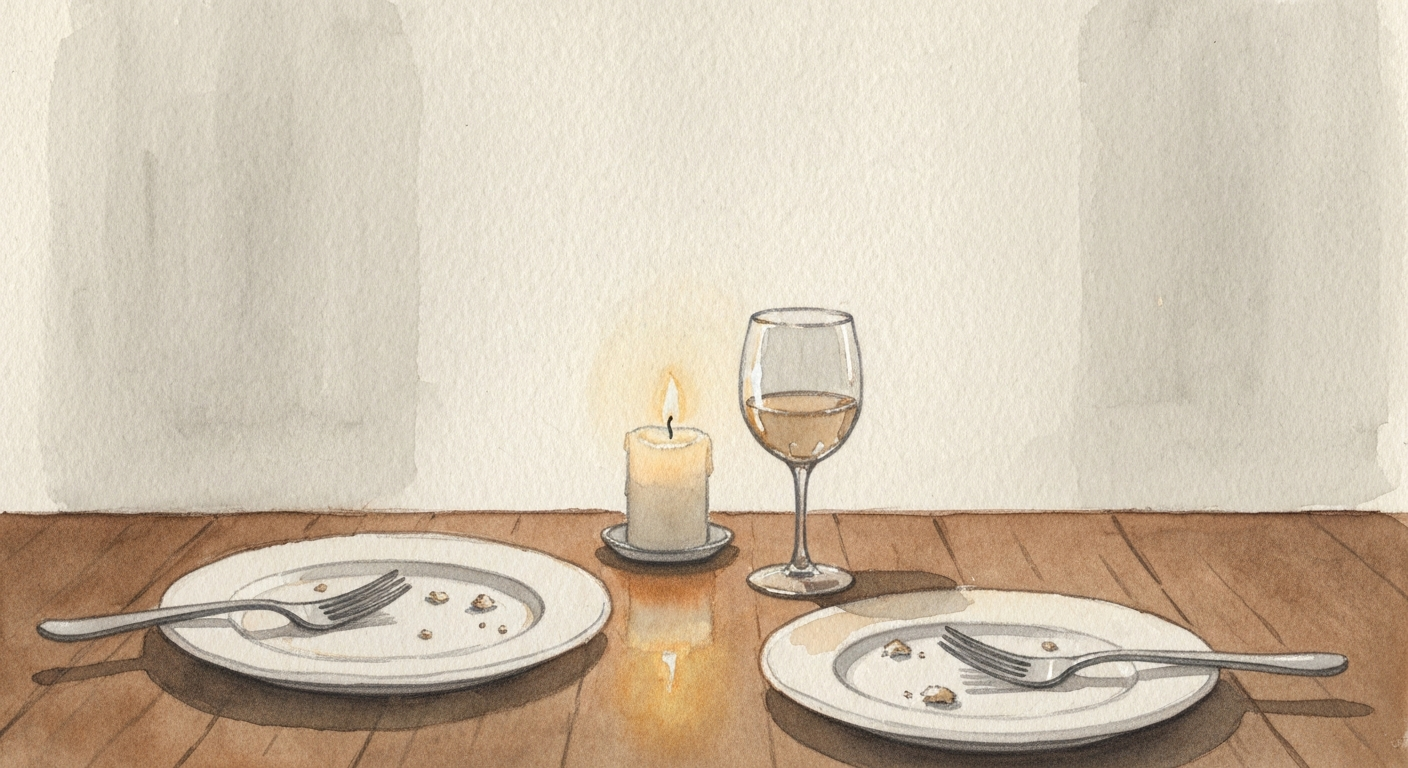 Ein gedeckter Esstisch bei Abendlicht, zwei benutzte Teller, ein halbvolles Glas