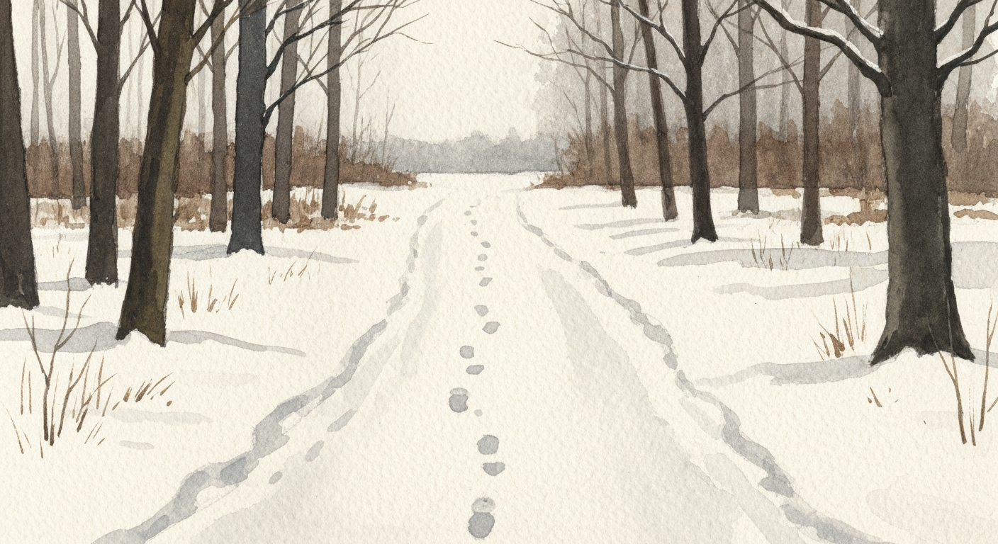 Ein Waldweg im Winter, Spuren im Schnee, kein Mensch im Bild