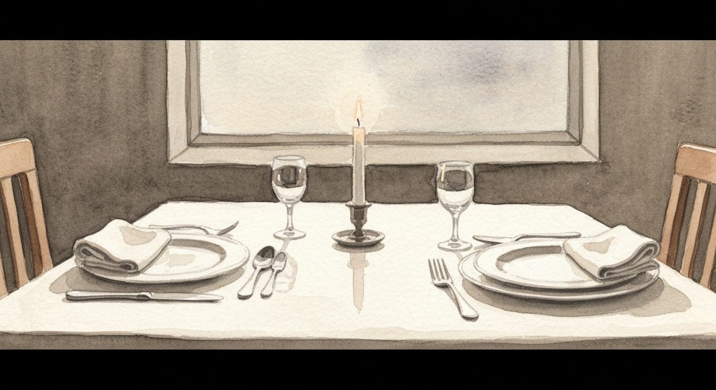 Ein gedeckter Tisch für zwei, draußen dunkelt es, eine Kerze ist noch nicht angezündet