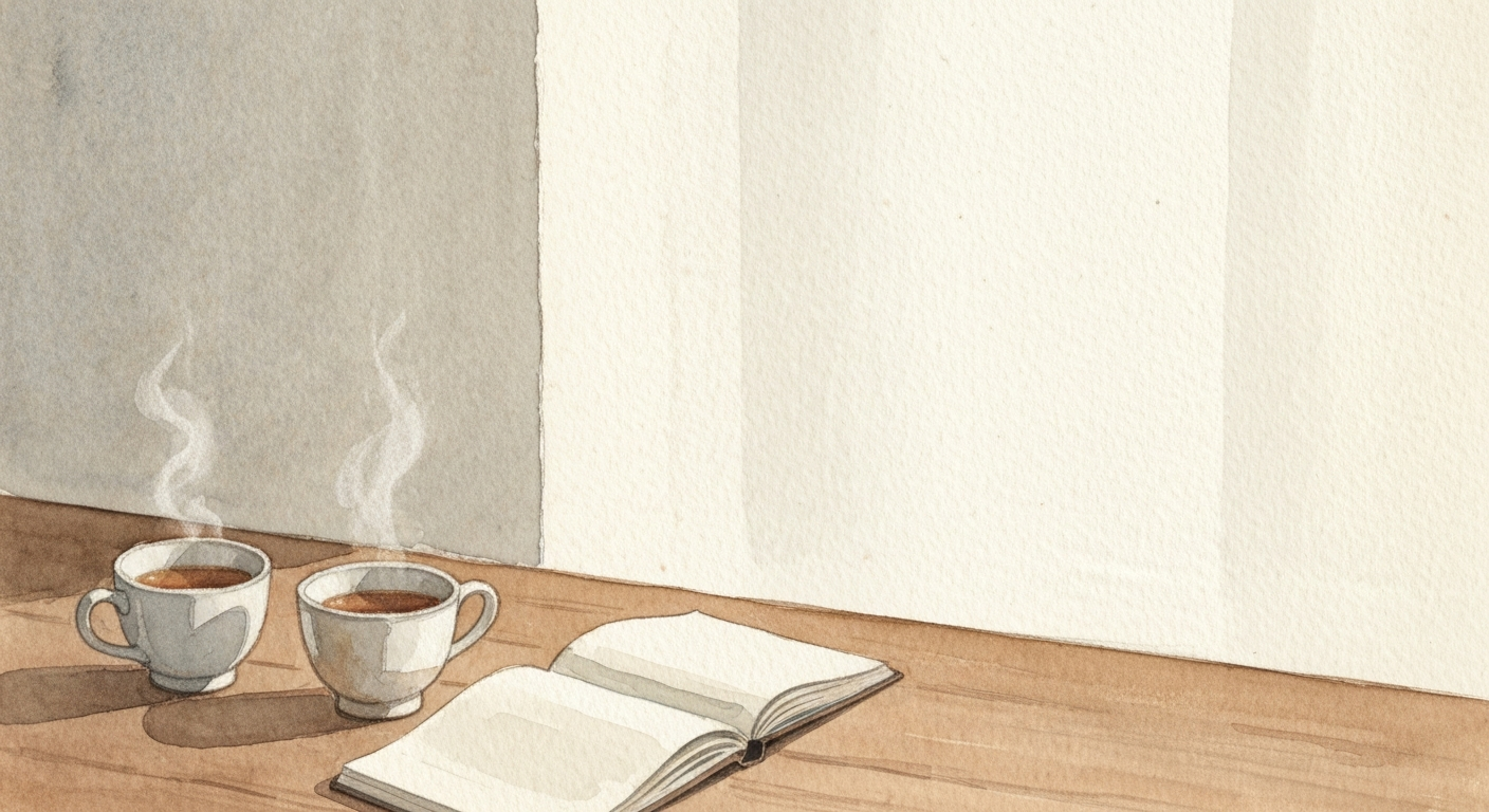 Zwei Tassen Tee auf einem Küchentisch neben einem aufgeschlagenen Notizbuch