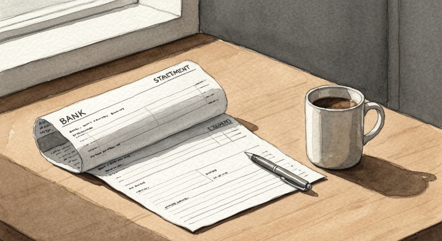 Ein offener Kontoauszug auf einem Küchentisch, daneben eine abgekühlte Tasse