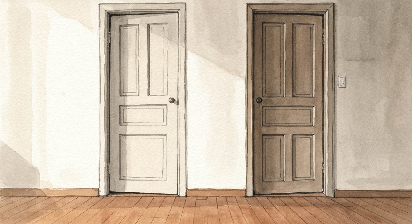 Zwei Zimmertüren nebeneinander in einem Altbauflur, beide angelehnt