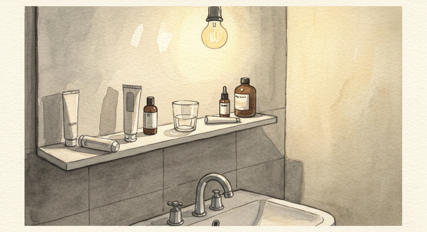 Ein Badezimmerregal mit ungeordneten Tuben und Flaschen, warmes Licht