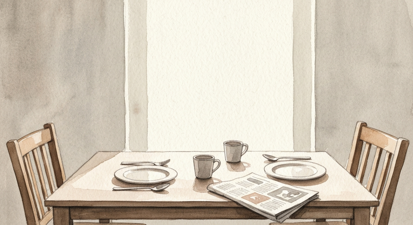 Ein leerer Frühstückstisch mit zwei Gedecken im Morgenlicht