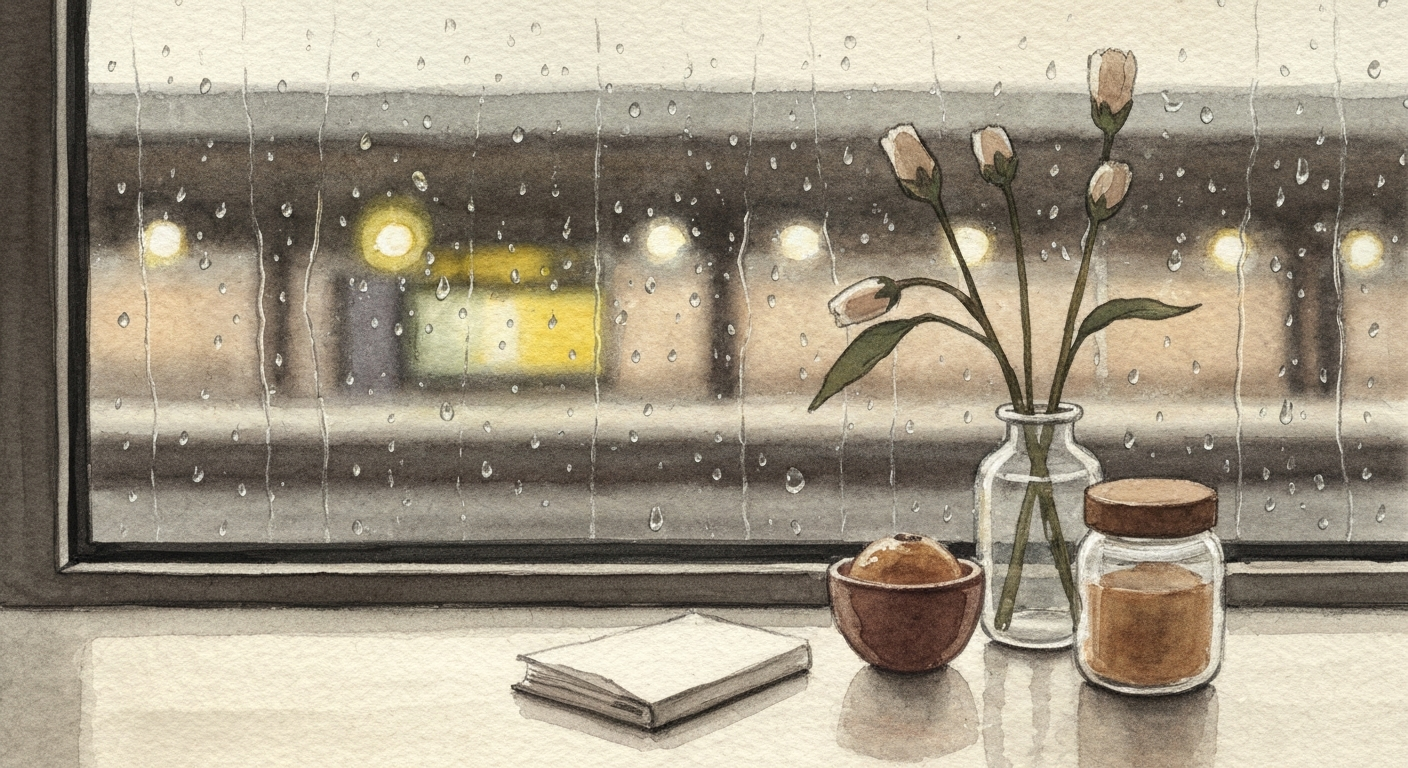 Ein Fenster mit Regentropfen, dahinter verschwommen ein Bahnhof