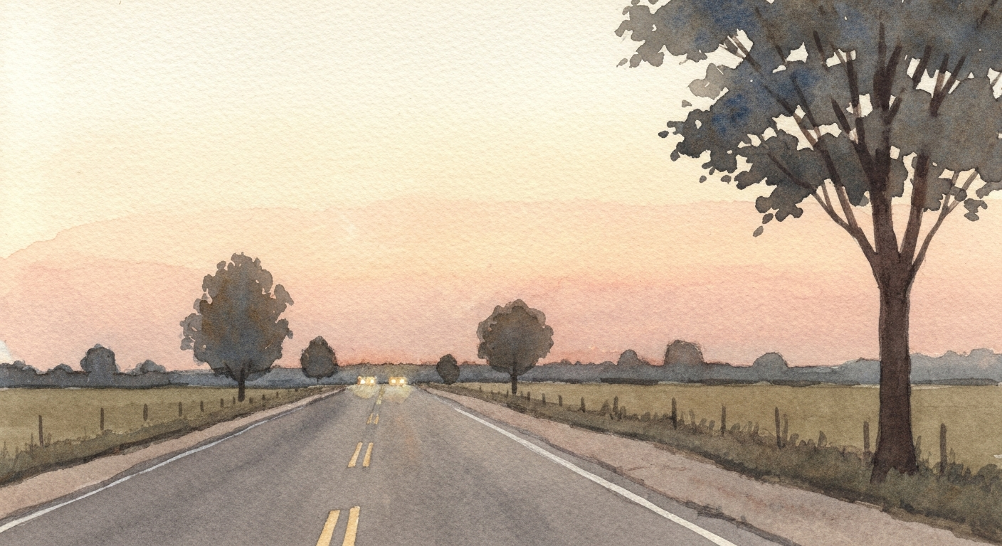 Eine leere Landstraße in der Abenddämmerung, Scheinwerfer ferner Autos