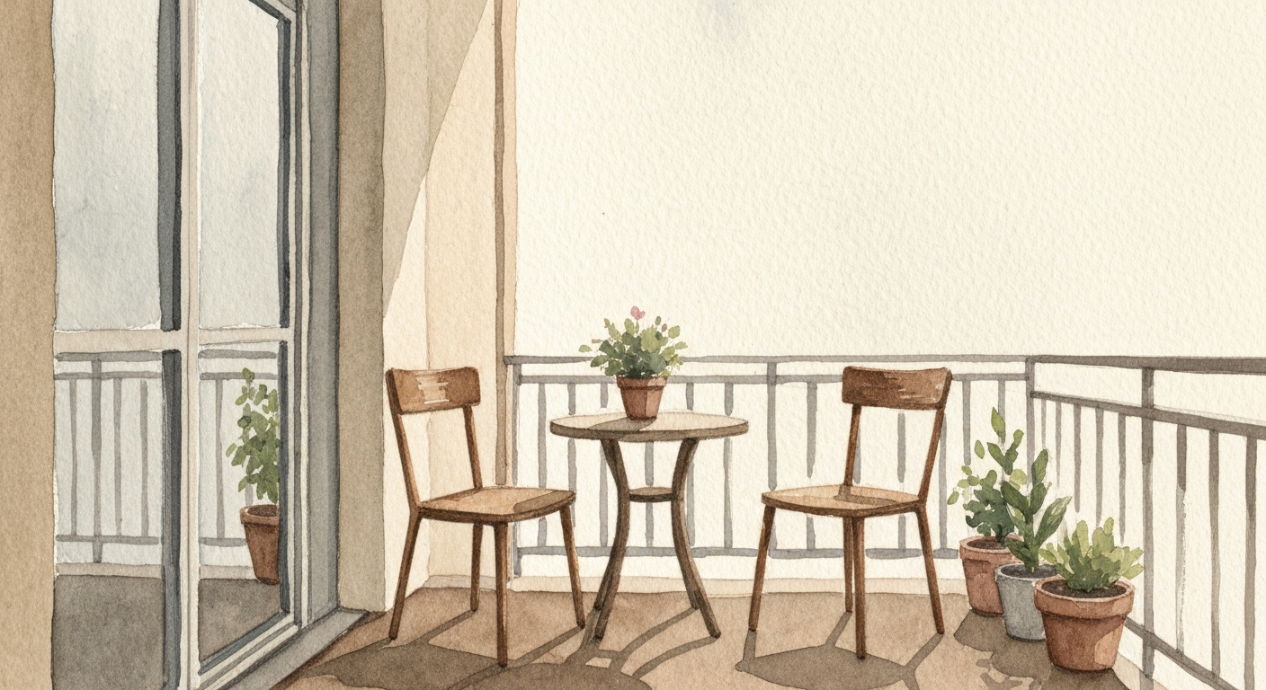 Zwei Stühle auf einem Balkon, in unterschiedlichem Abstand zum Tisch