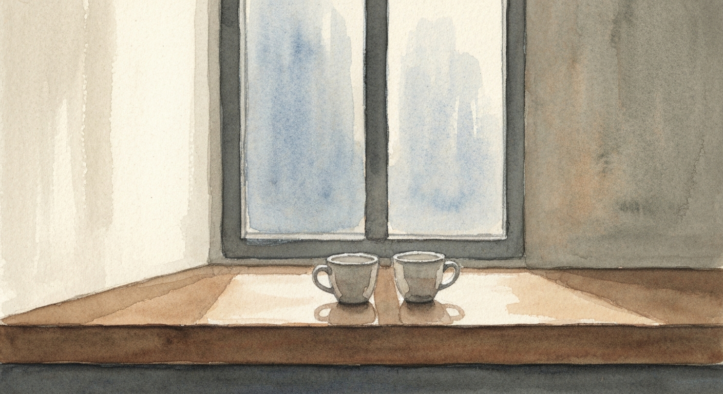 Ein Küchenfenster am Abend, zwei Tassen auf der Anrichte